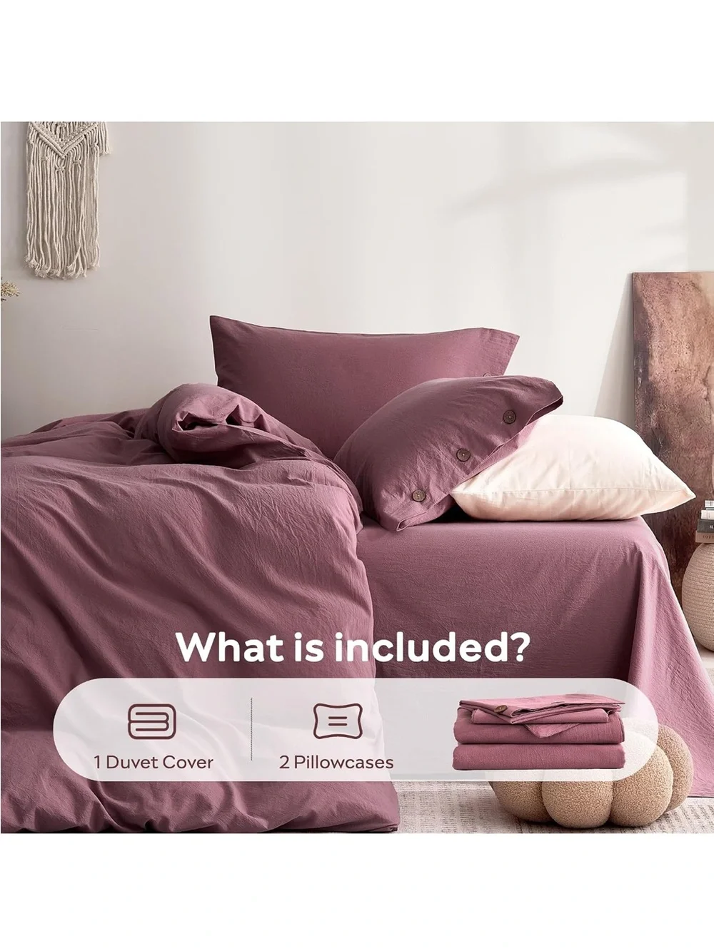 NEW JELLYMONI 100% Washed Cotton Deep Rose Duvet Cover Set, Linen-Like. Twin